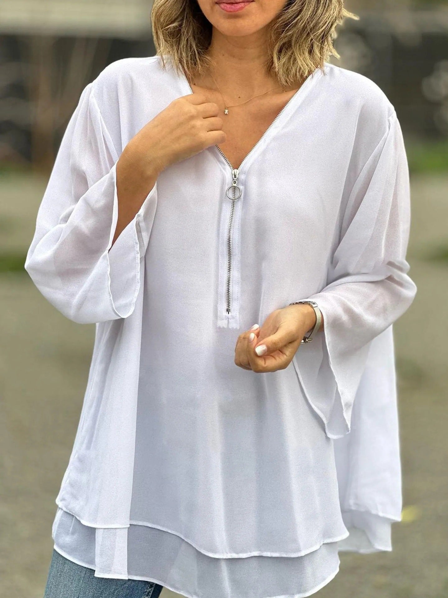 Classy Sleeves Casual Metal Zipper Loose Lace Shirt, Chiffon Shirt