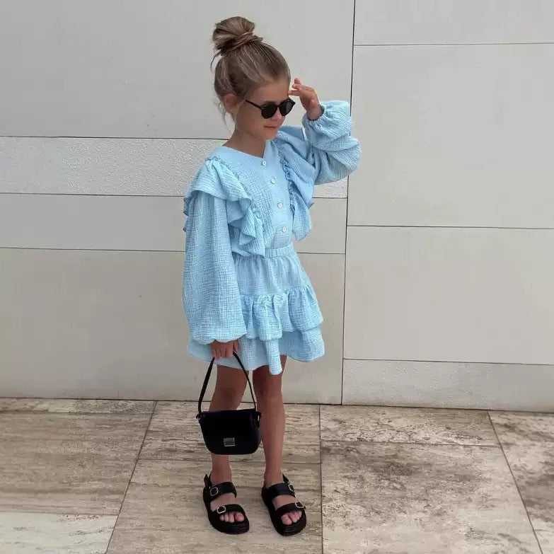 Flying Shoulder Sleeve Shirt Lace Skirt British Two-piece Children's Suit