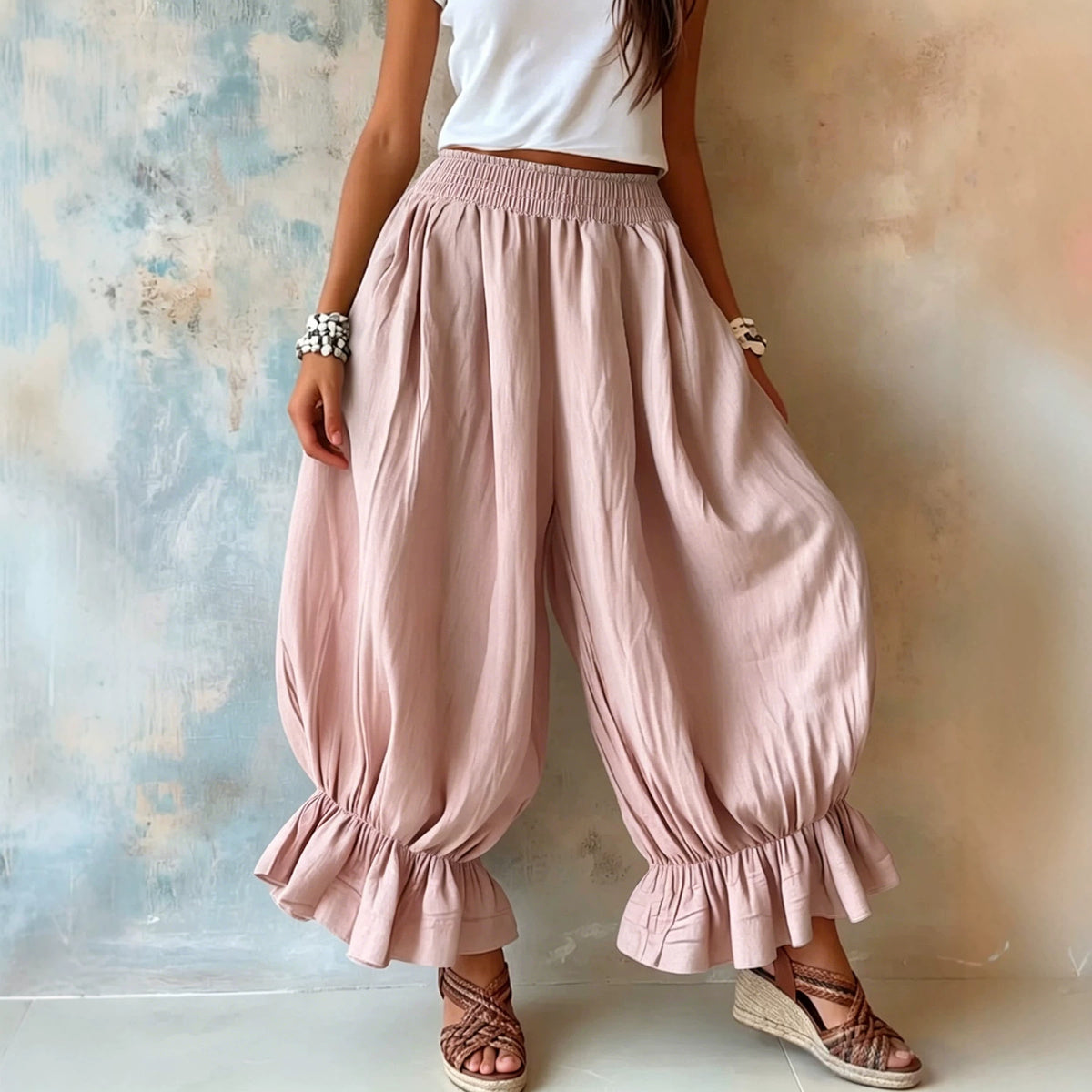 Women's Summer Loose Cotton Linen Ruffled Bloomers Casual Pants