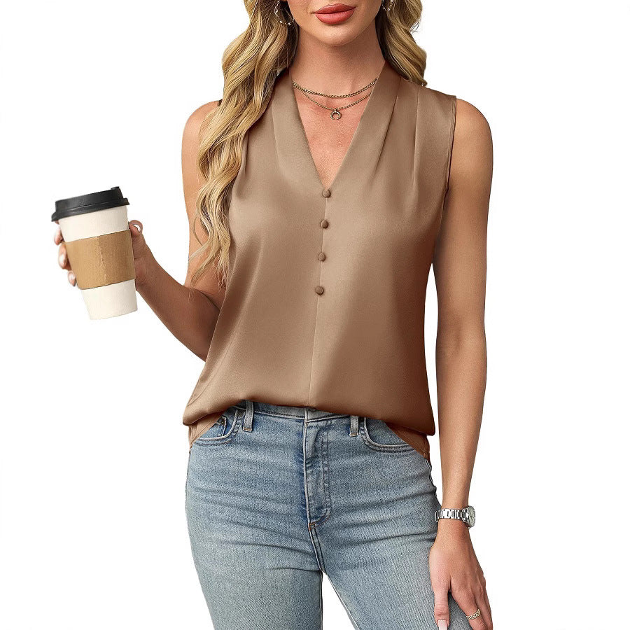 Casual Women's Graceful Satin Button Sleeveless Lace Shirt, Chiffon Shirt