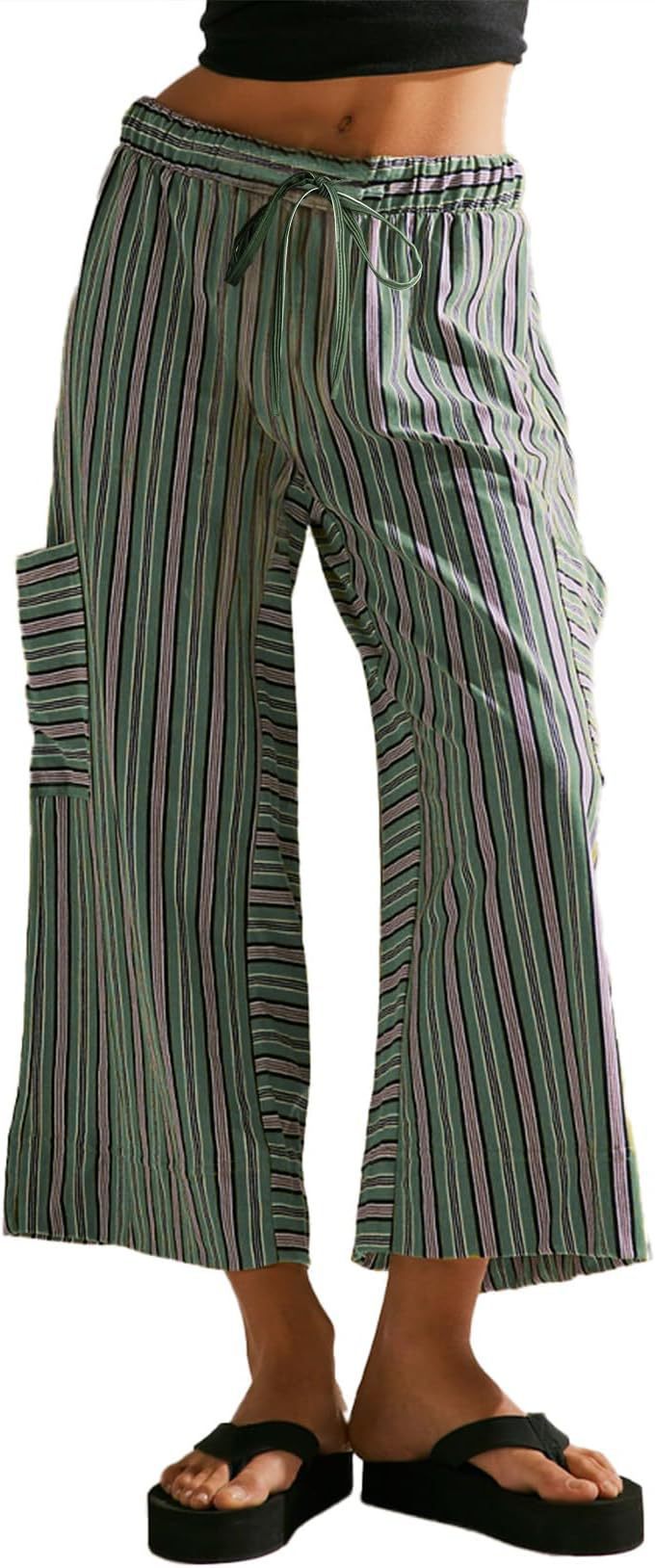 Women's Striped Drawstring Wide Leg Beach Breathable Pants