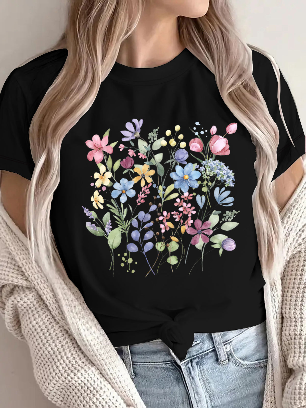 Women's Short-sleeved Floral Printed Summer Cotton Women's T-shirt