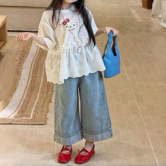 Children's Korean Set Summer Western Style Ruffled Short Sleeves Jeans Two-piece Children's Suit