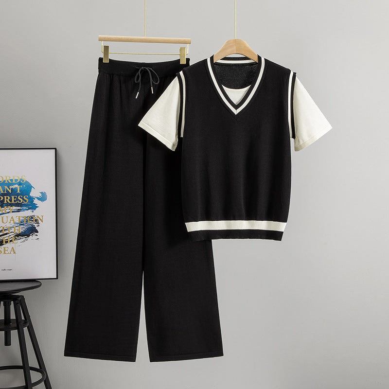 Women's Short-sleeved Summer Loose Comfortable Fake Two-piece Fashion Casual Suit