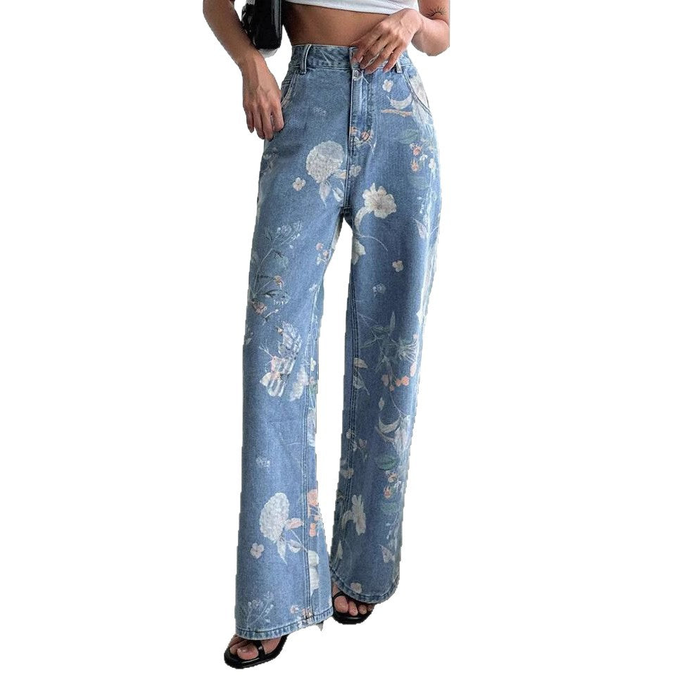 Women's Retro Blue Floral Printed Summer Design High Pants