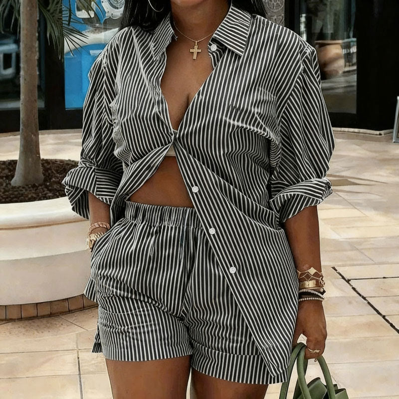 Women's Striped Shirt Outfit Loose Two-piece Set Fashion Casual Suit