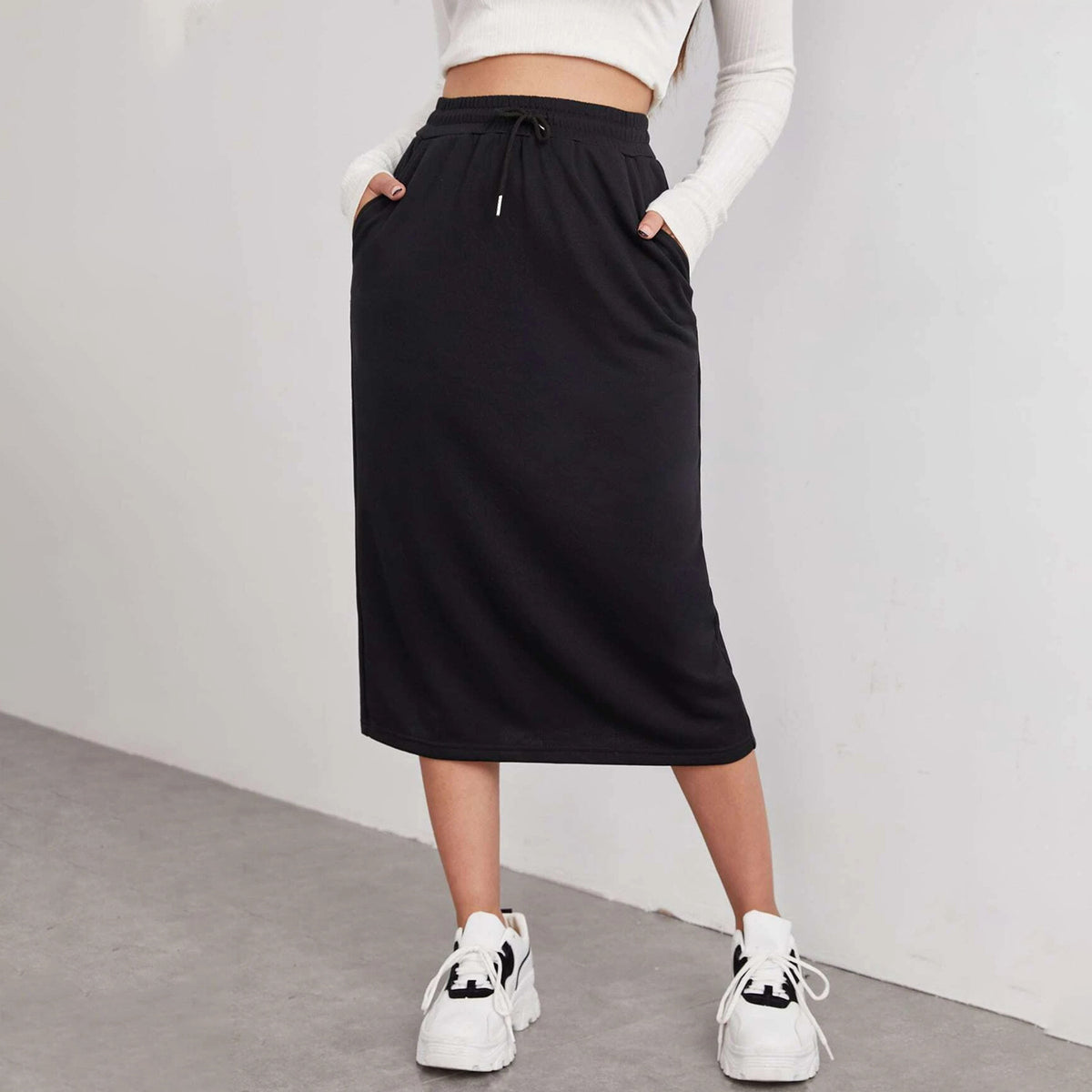 A- Line Pure Color Elastic Waist Mid-length Skirts