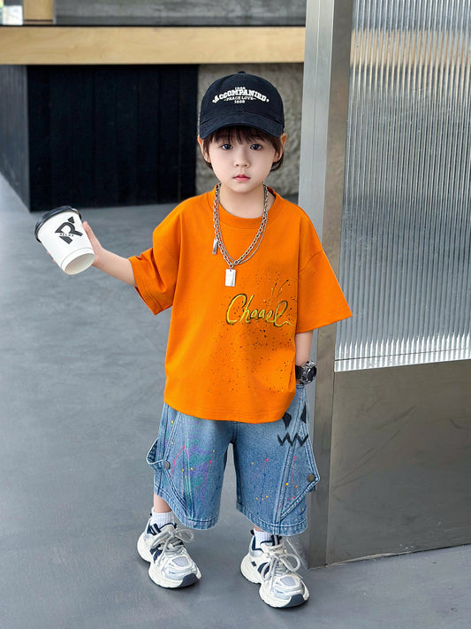 Children's Summer Short-sleeved Korean Denim Shorts Two-piece Fashionable Children's Suit