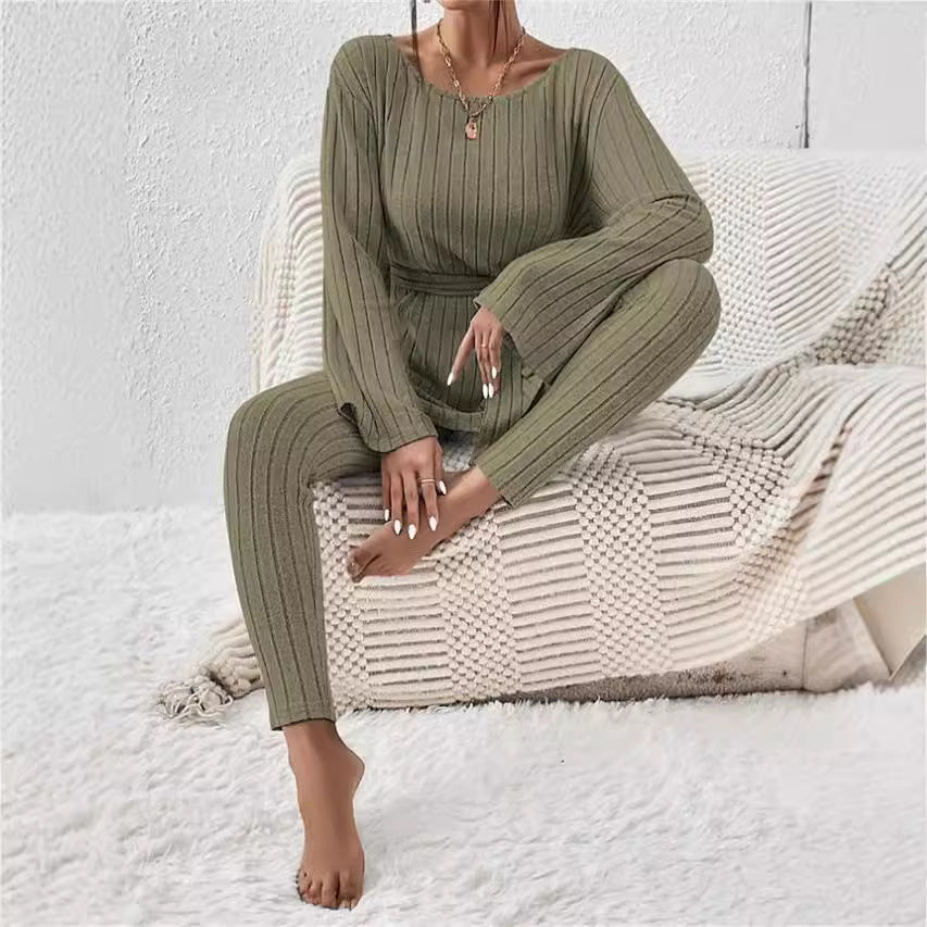 Women's Solid Color Belt Trousers Two-piece Set Fashion Casual Suit