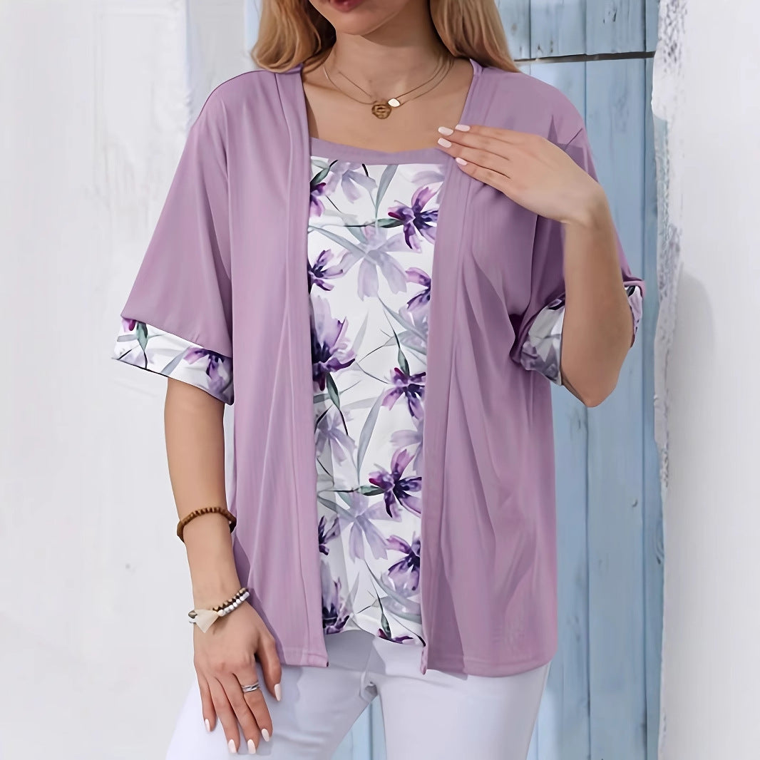 Women's Solid Color Printing Stitching Faux Two-piece Plus Size