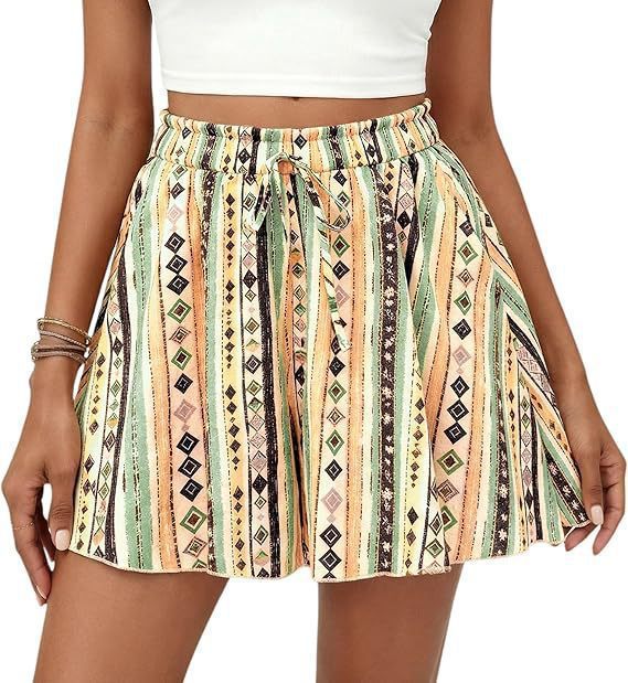Women's High Waist A- Line Printed Lace Up Casual Slimming Skirt