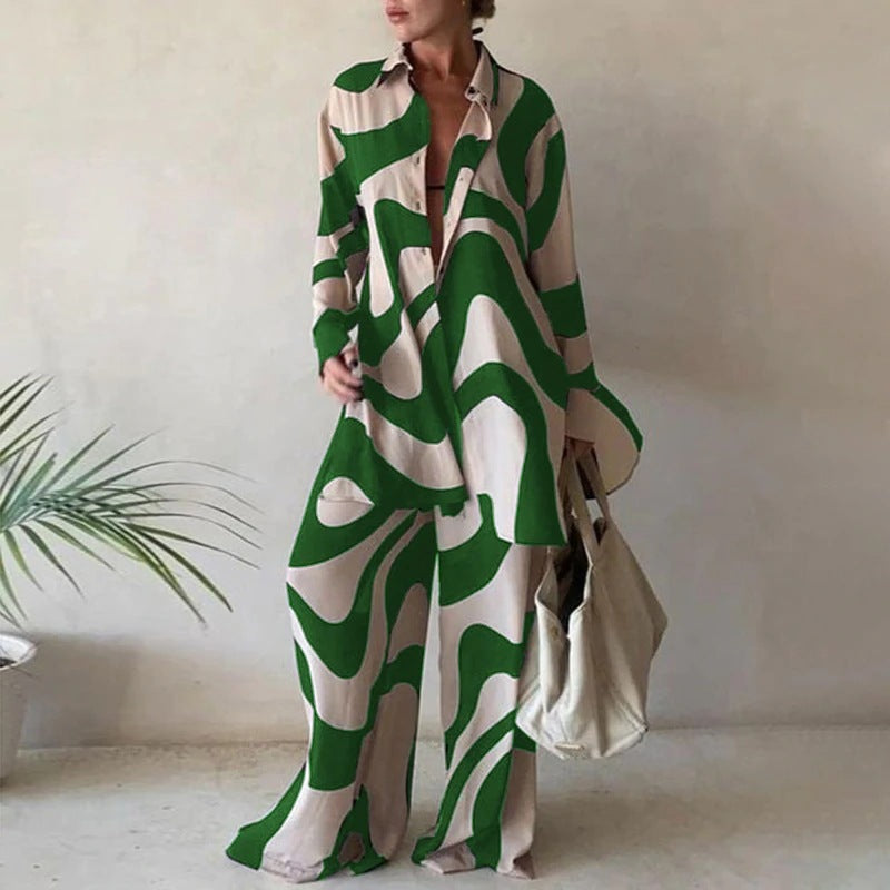 Women's Printed Loose Long Sleeves Straight Jumpsuits