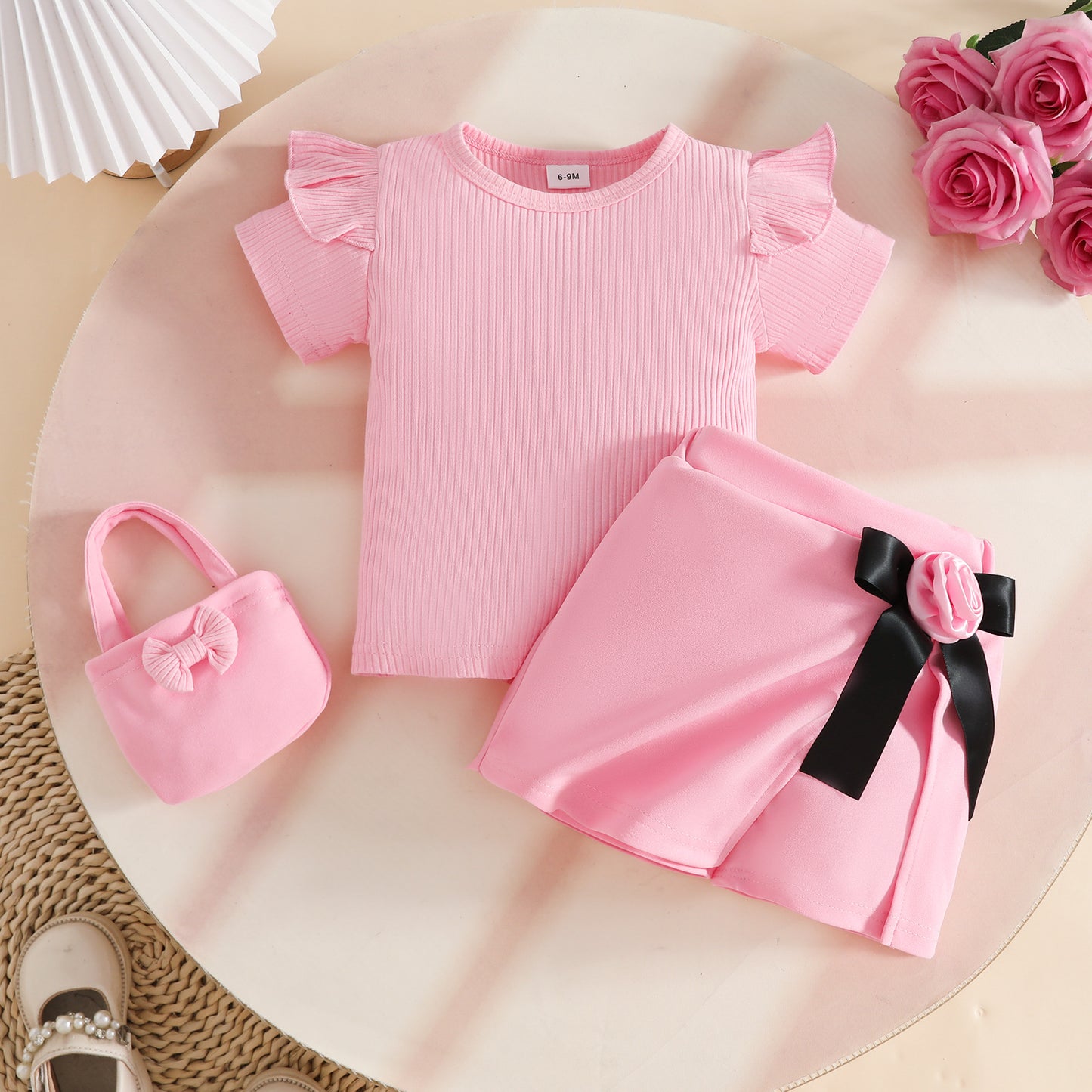 Summer Short Sleeve Sunken Stripe Top Bow Flower Bag Three-piece Children's Suit