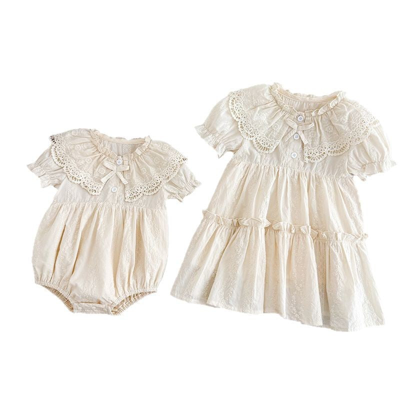 Lapel Lace Romper Princess Sisters Outfit Children's Dress