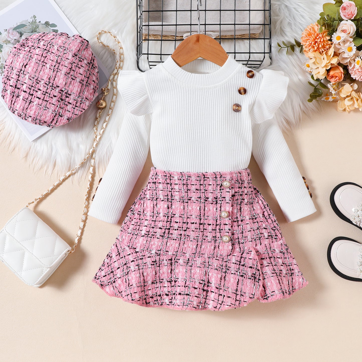 Children's Clothing Style Long-sleeved Top Classic Woven Chunky Skirt Beret Children's Suit