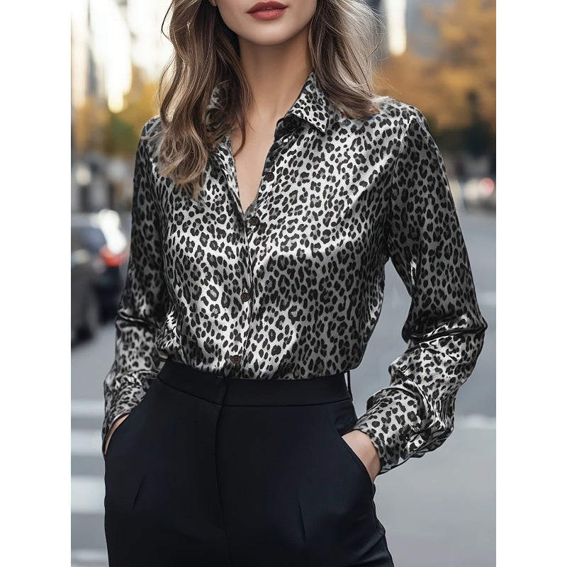 Women's Autumn Satin Printed Long-sleeved Shirt Blouse