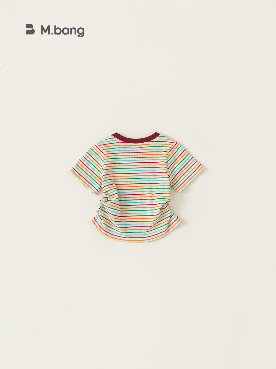 Children's Short-sleeved Contrast Color Round Neck Top Colorful Striped Cartoon Printed Children's T-shirt