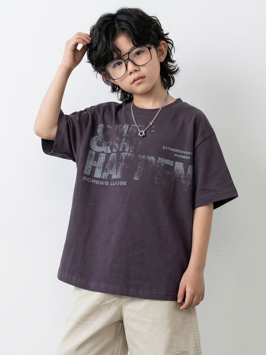 Children's Short Sleeve Medium Big Distressed Printed Half Top Loose Shoulder Children's T-shirt