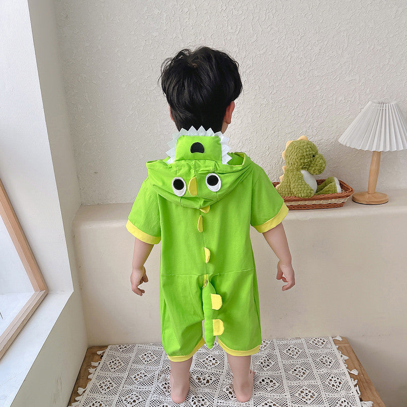 Children's Pajamas Summer Boy's Cotton Short-sleeved Boy Cartoon Dinosaur Romper Hooded Jumpsuit, Climbing Suit