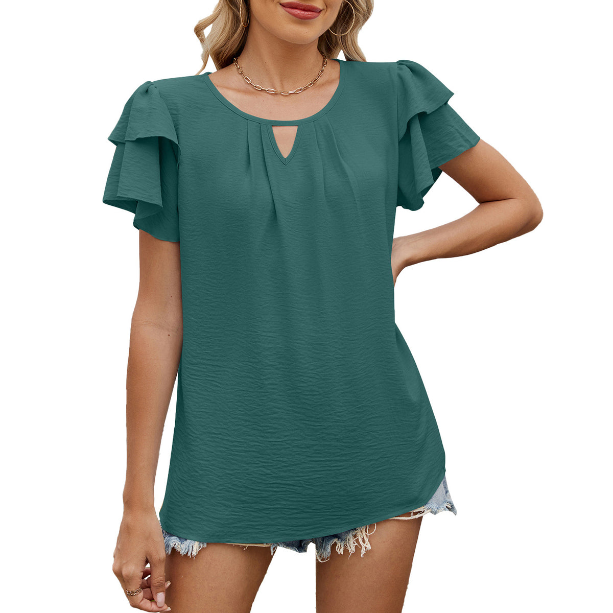 Women's Solid Color Sleeve Loose T-shirt For Lace Shirt, Chiffon Shirt