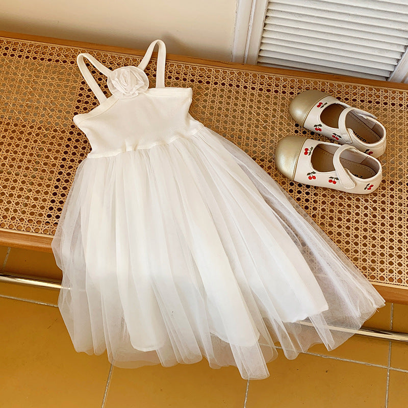 French Rose Strap Sweet Western Style Mesh Children's Dress