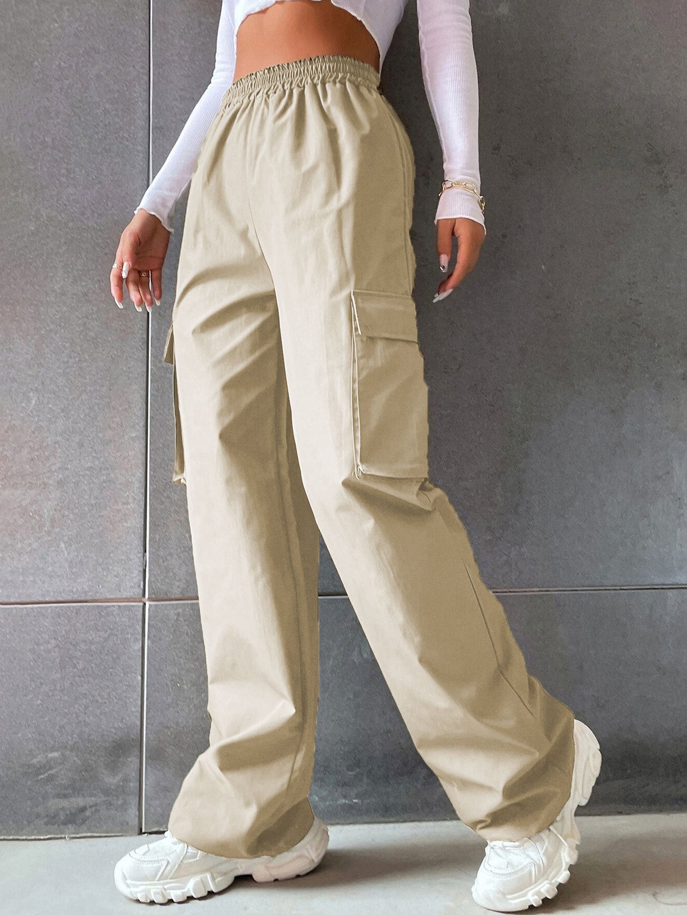 Women's Solid Color High Waist Flip Pocket Casual Pants
