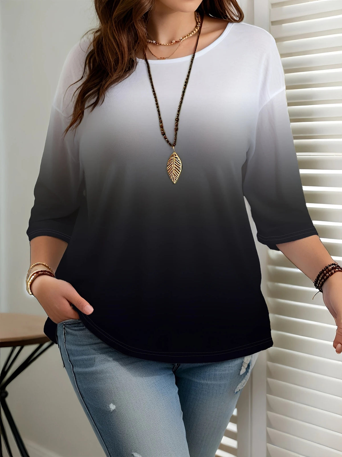 Women's Printed Fashion Gradient Color Sleeve Casual Round Tops