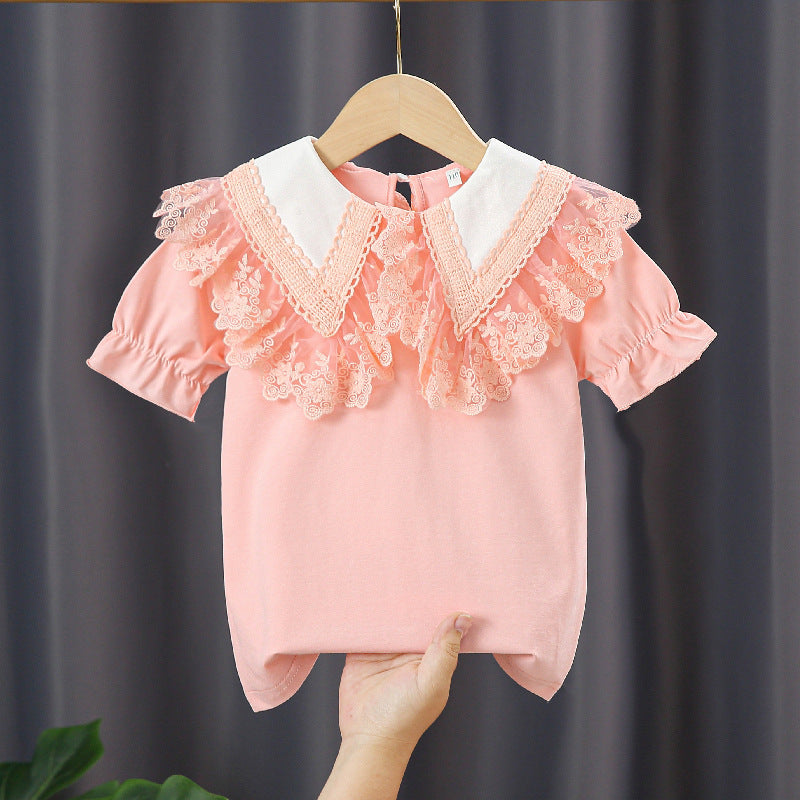 Short-sleeved Summer Thin Western Style Cotton Col Claudine Top Children's T-shirt