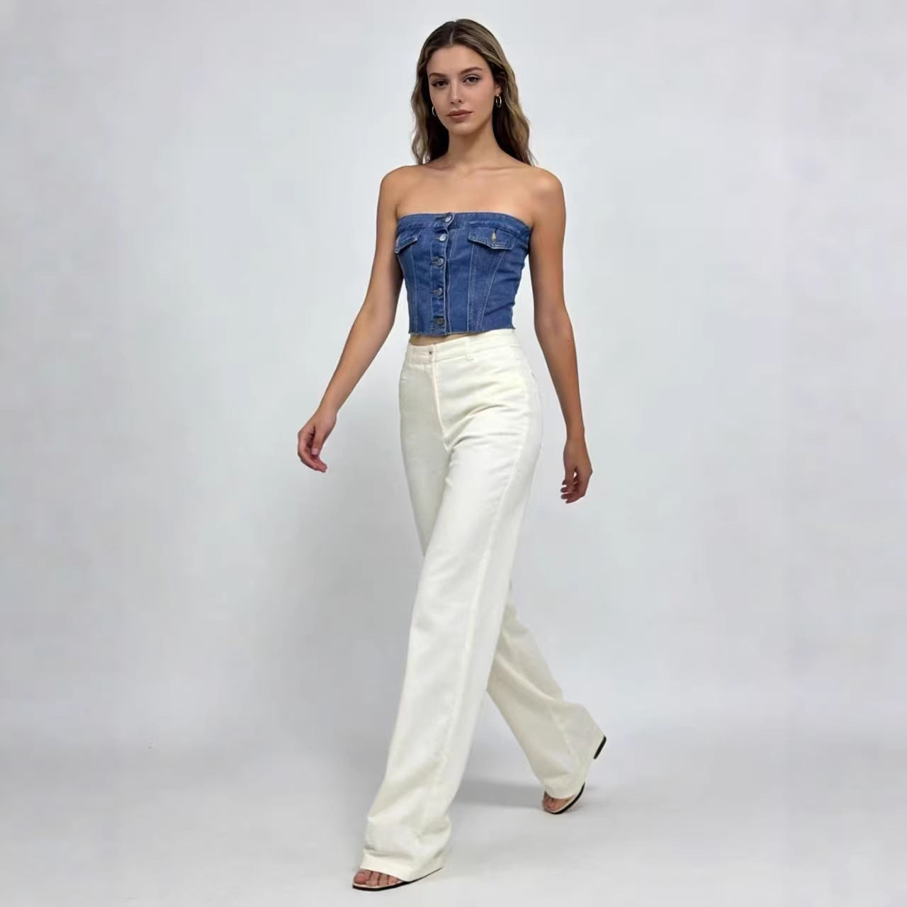 Graceful Blue Cotton Sexy Denim Tube Tops