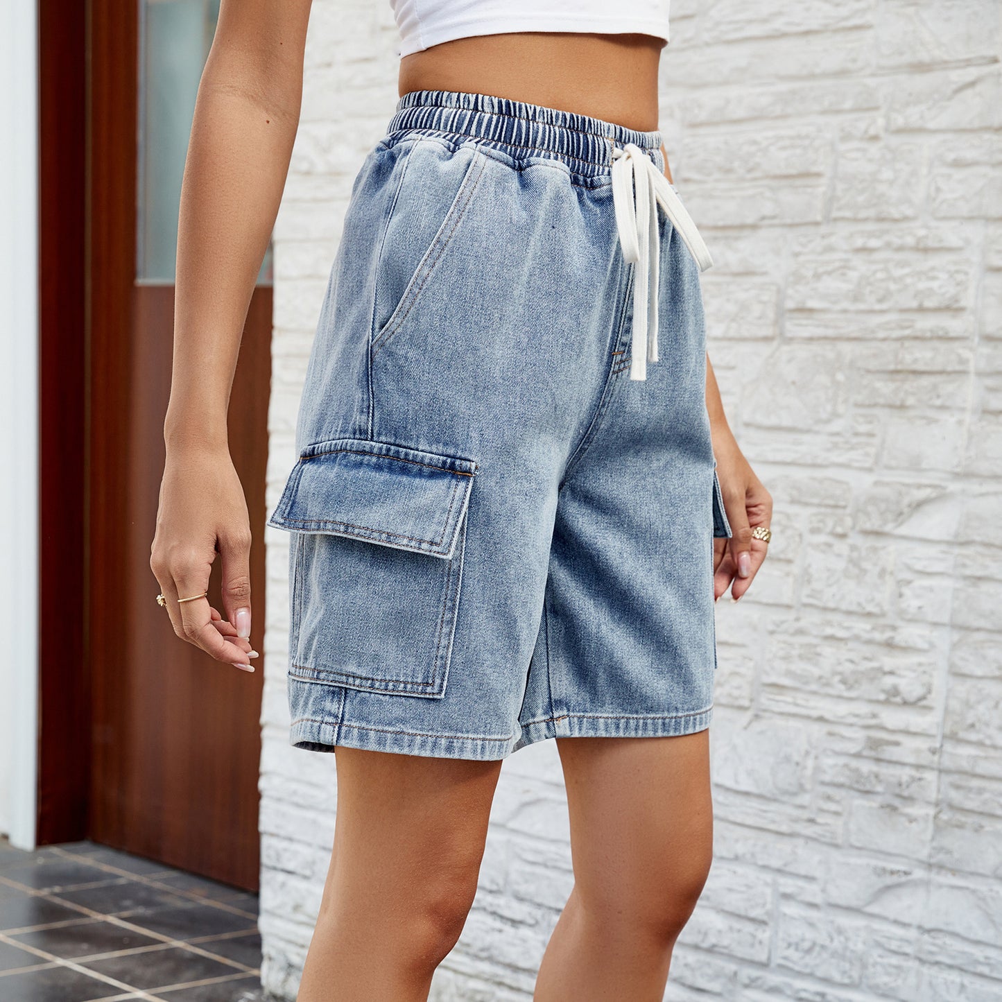 Women's Washed Tied Elastic Waist Denim Fashion Women's Jeans