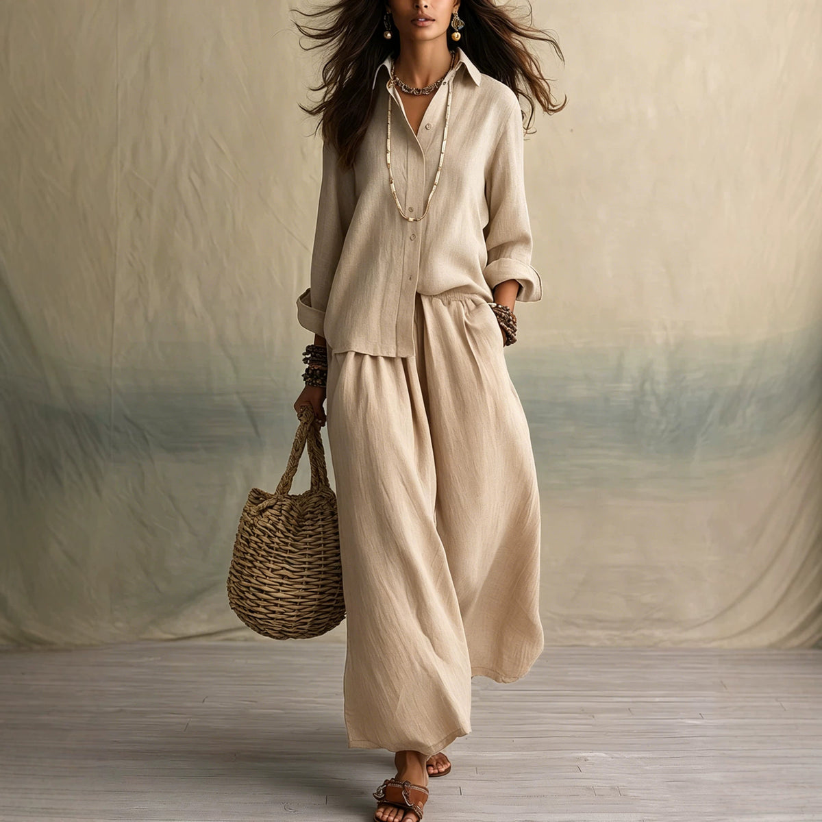 Women's Summer High-grade Shirt Collar Wear Loose Cotton Suits