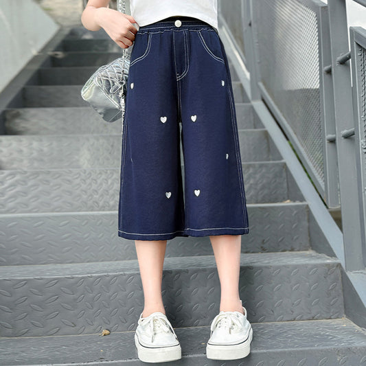 Summer Thin Medium Large Love Embroidered Cropped Junior High School Children's Pants