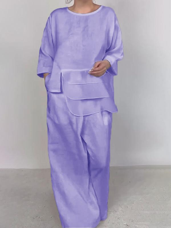 Neck Satin Layered Design Wide Leg Blouses