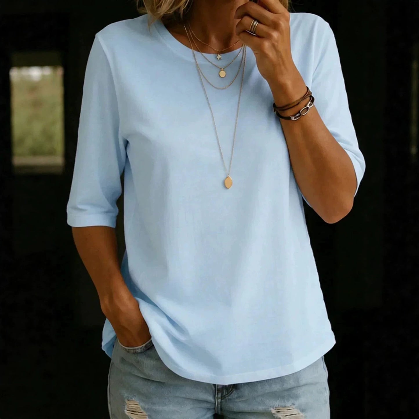 Women's Casual Round Neck Shoulder Half Sleeve Women's T-shirt