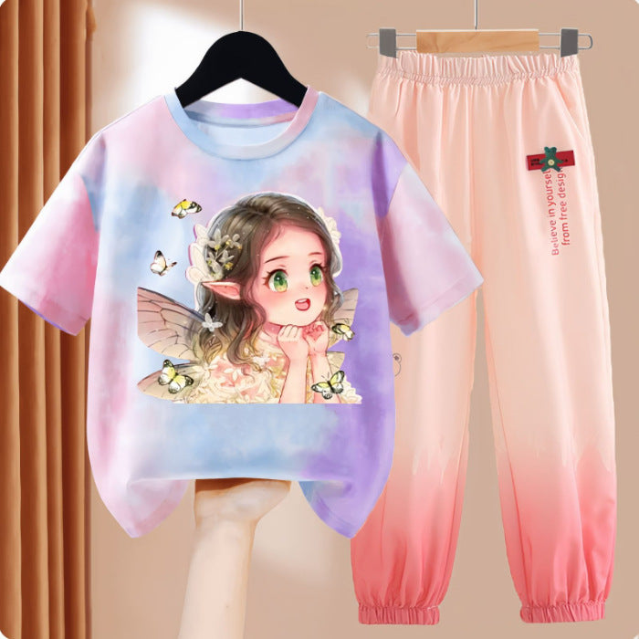 Clothes T-shirt Medium Large Short Sleeved Ice Silk Trousers Two-piece Children's Suit