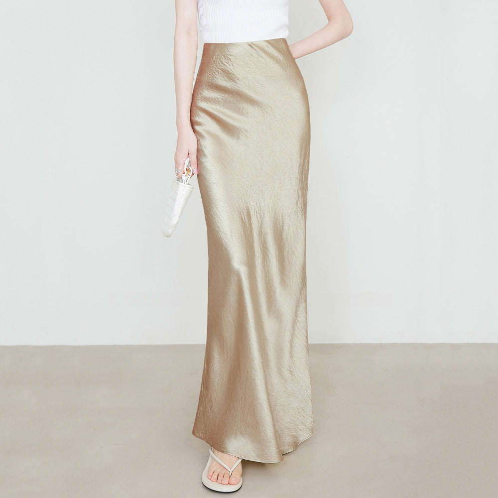Women's High Waist Elastic Hand-held Pattern Long Elegant Solid Skirt