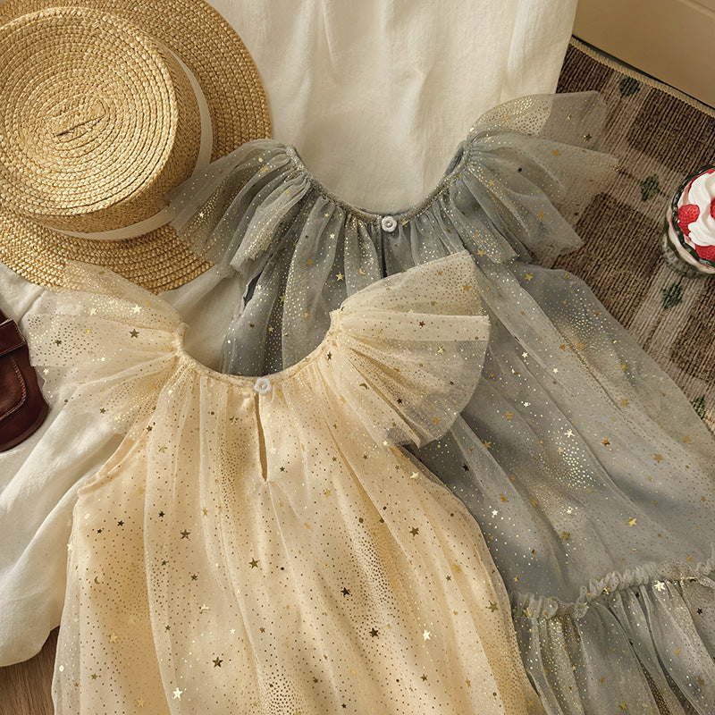 Children's Sweet Birthday Star Mesh Korean Princess Flounced Sleeve Bubble Children's Dress