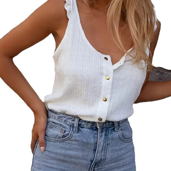 Women's Summer Knitted Solid Color Round Neck Ruffled Sleeveless Small Vest/suspenders/tube Top