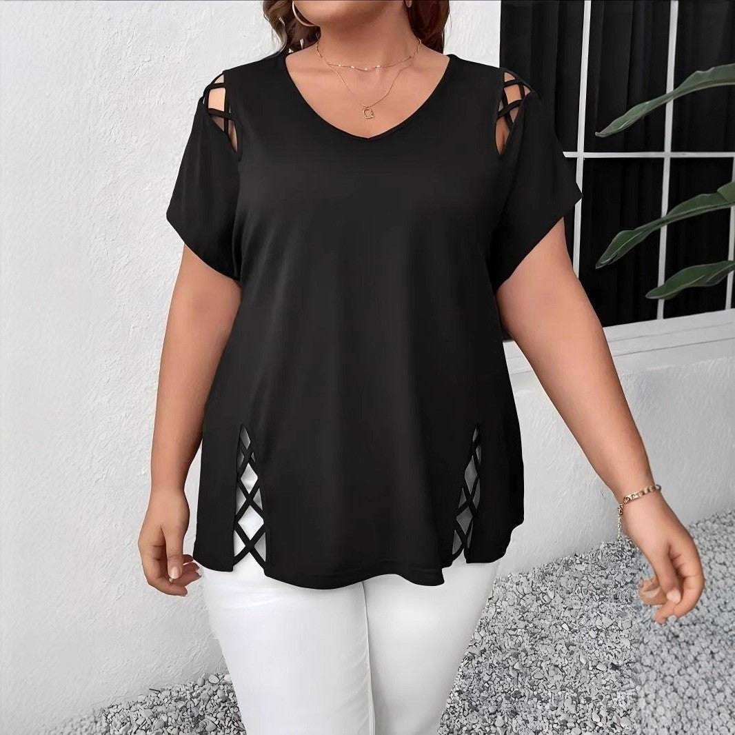 Women's Summer Casual Short-sleeved Shoulder Side Cross Large Size T-shirt