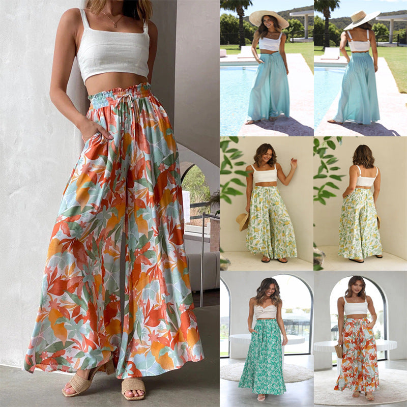 Women's Summer Printed Trousers Elastic Waistband Wide Leg High Casual Pants