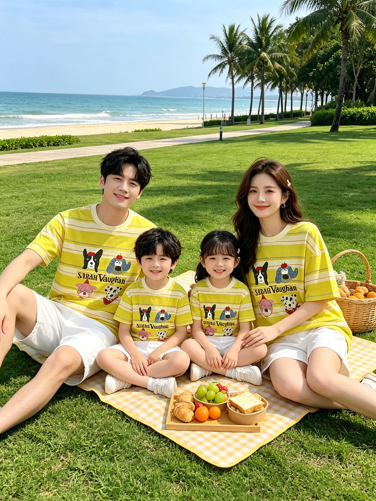 Cartoon Puppy T-shirt Family Of Four Seaside Parent-child Outfit