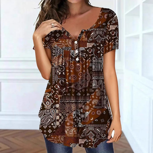 Women's Paisley Pattern Elegant Loose Button Ladies Women's T-shirt