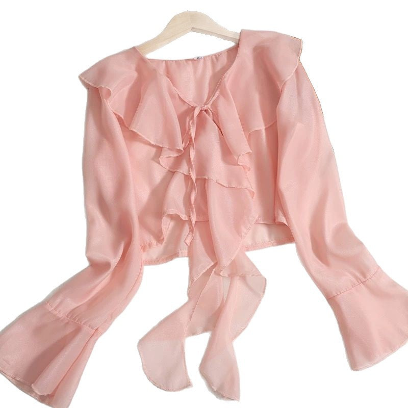 Women's Ruffled Sun Protection Fat Summer Long Lace Shirt, Chiffon Shirt