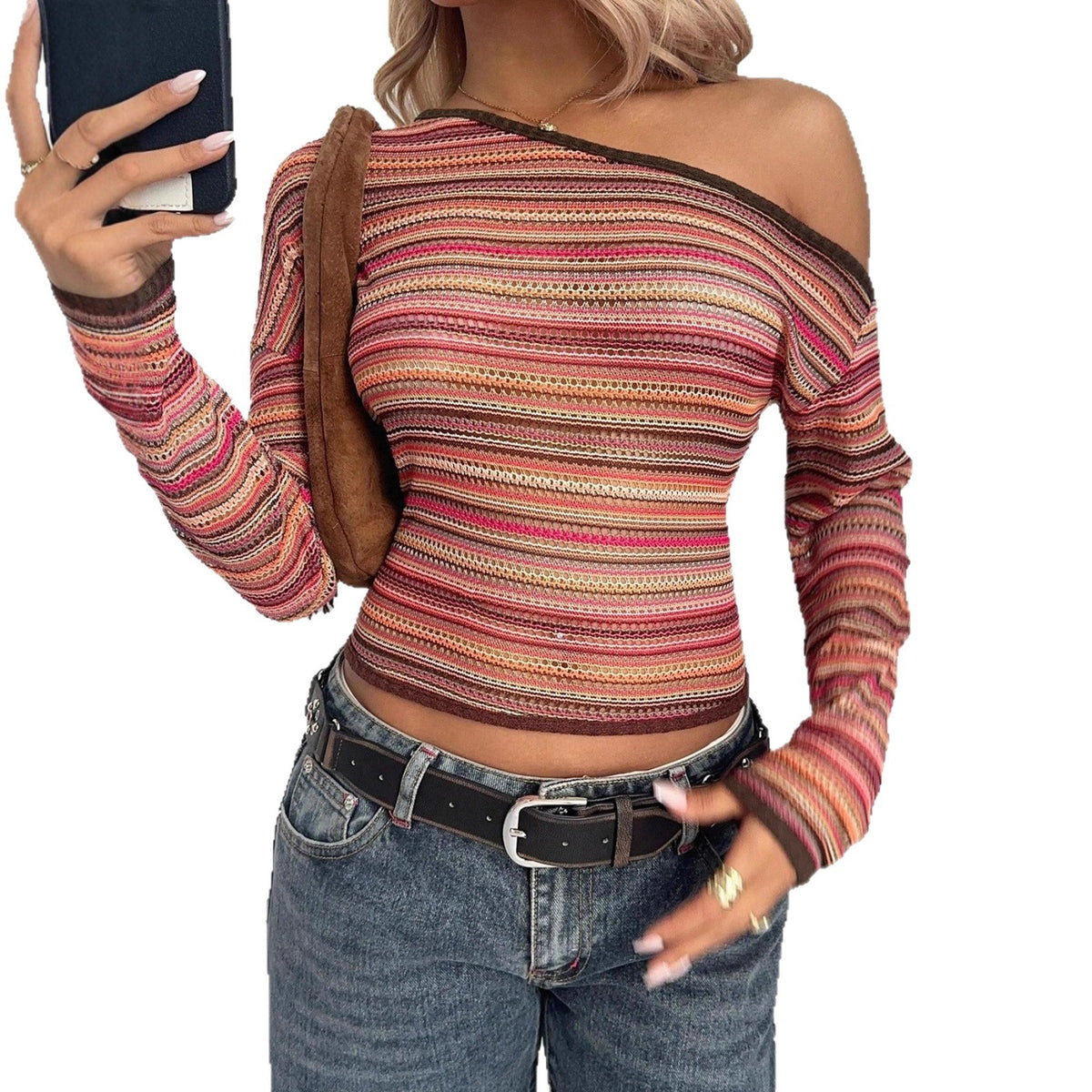 Women's Color Contrast Striped Design Strapless Sloping Shoulder Women's T-shirt