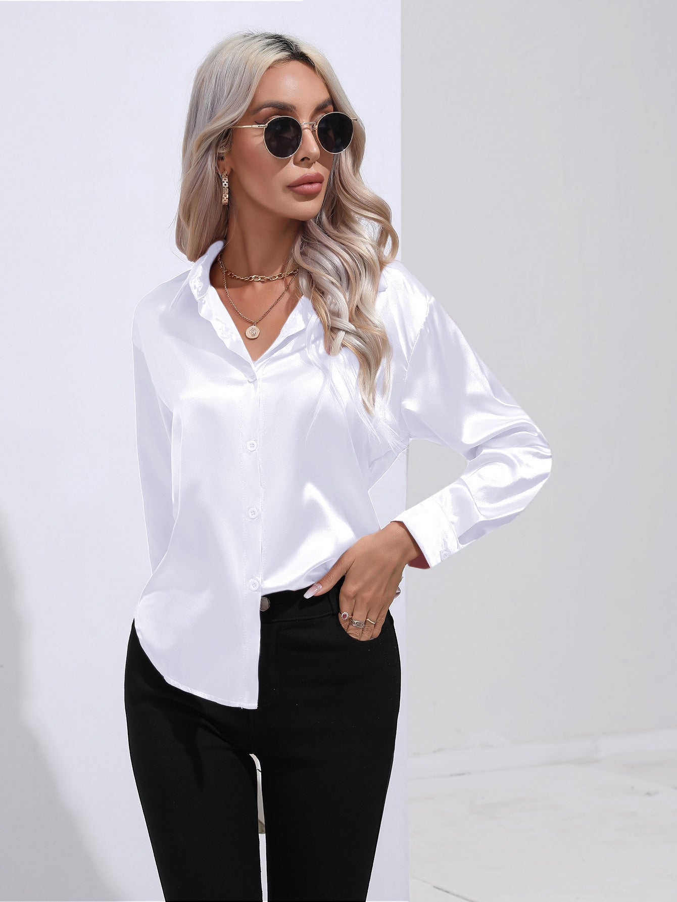 Glamorous Unique Women's Satin Shirt Long-sleeved Blouse