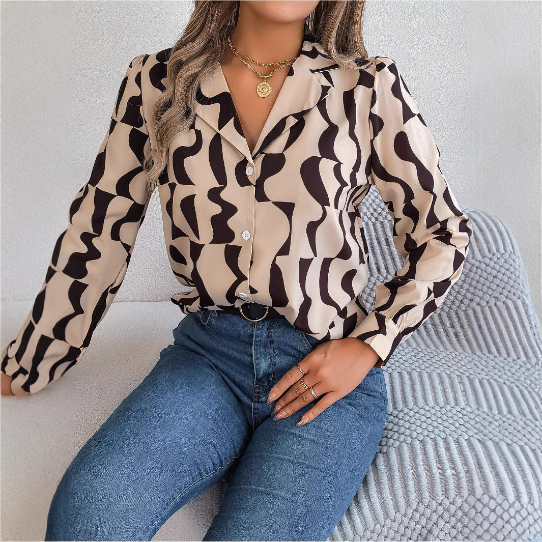 Women's Temperament Contrast Color Striped Collar Long Lace Shirt, Chiffon Shirt