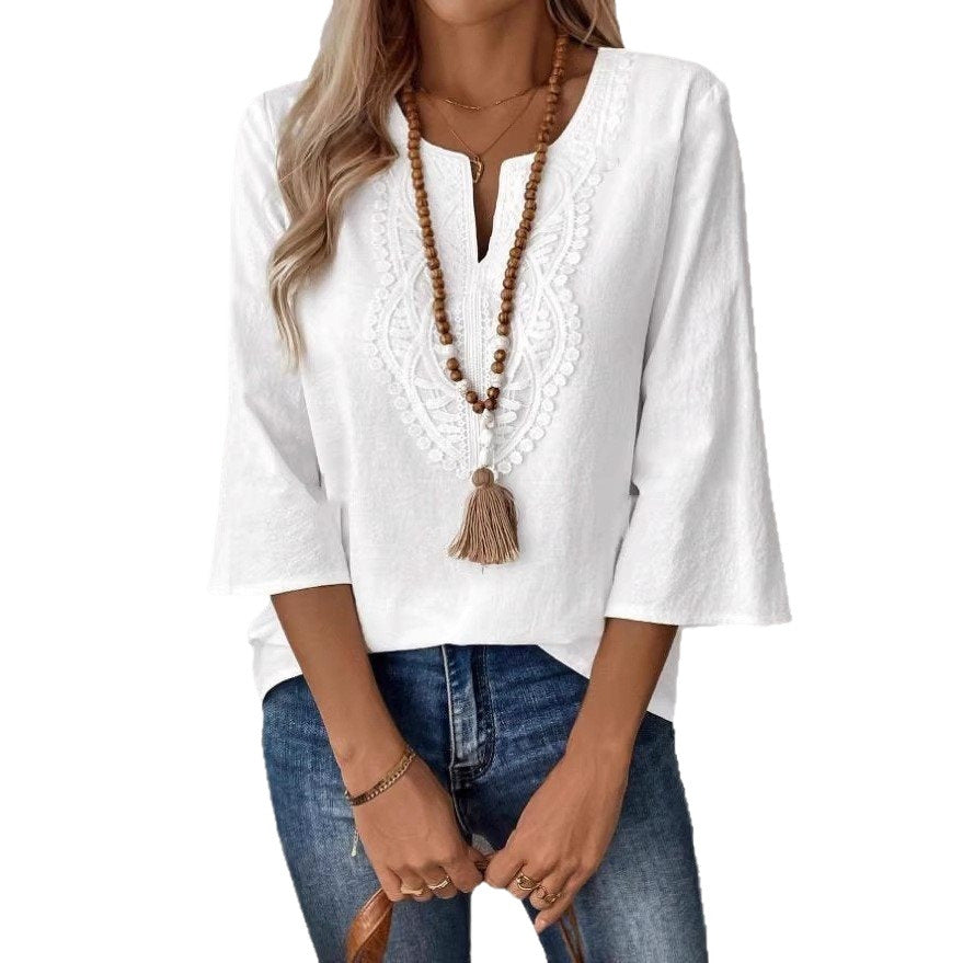 Women's Shirt Lace Trim Solid Color White Blue Blouse