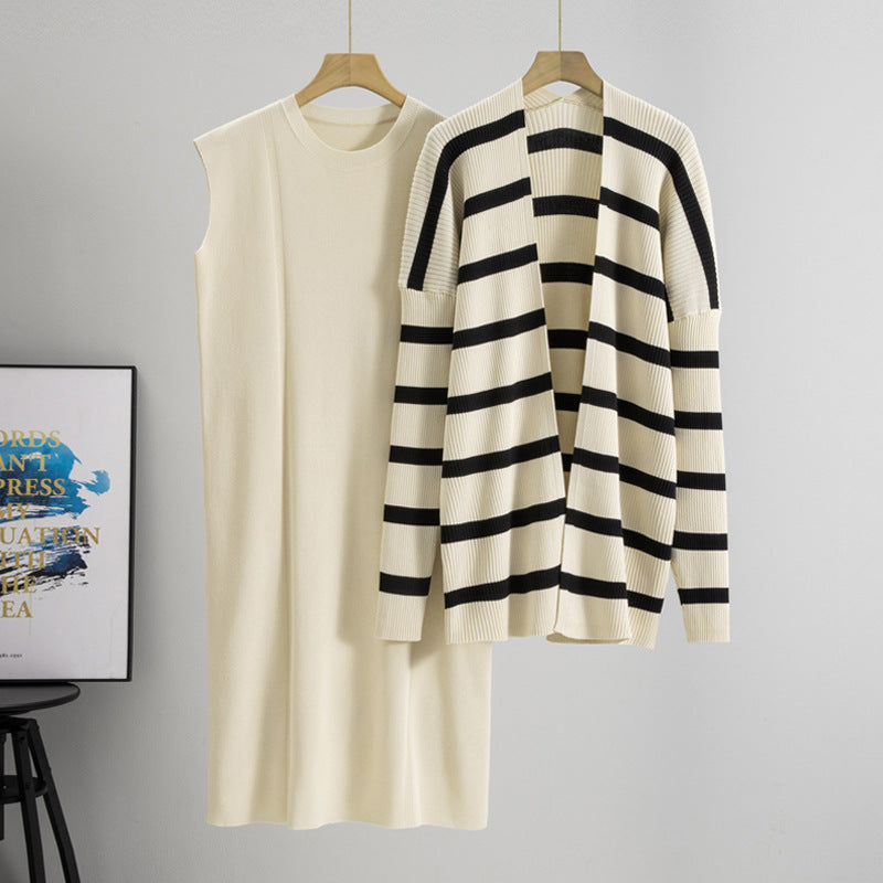 Women's Dress Autumn Loose Mid-length Striped Knitted Fashion Casual Suit