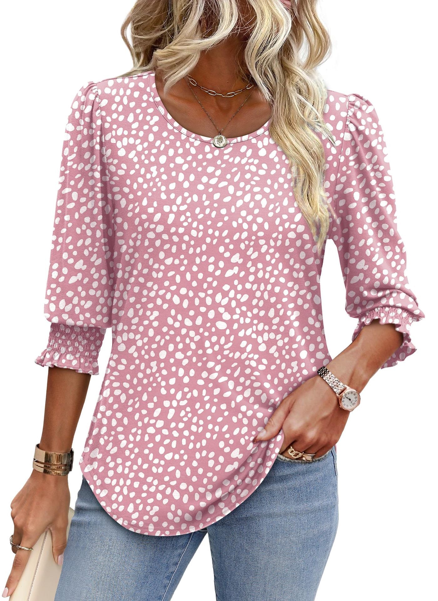 Women's Summer Smocking 7-point Sleeve Round Neck Women's T-shirt