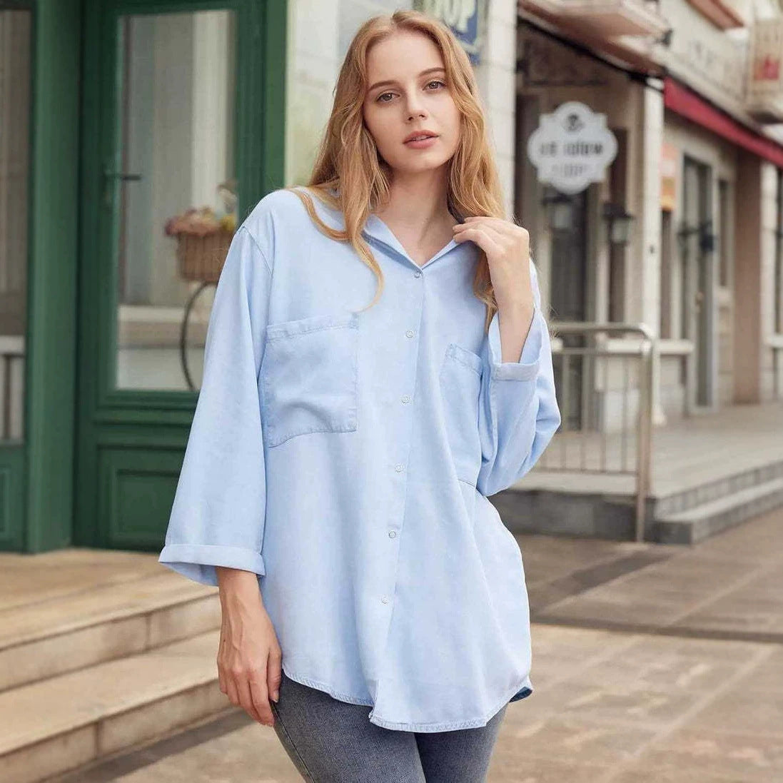 Women's Shirt Loose Three-quarter Sleeve Double Pocket Versatile Large Blouse